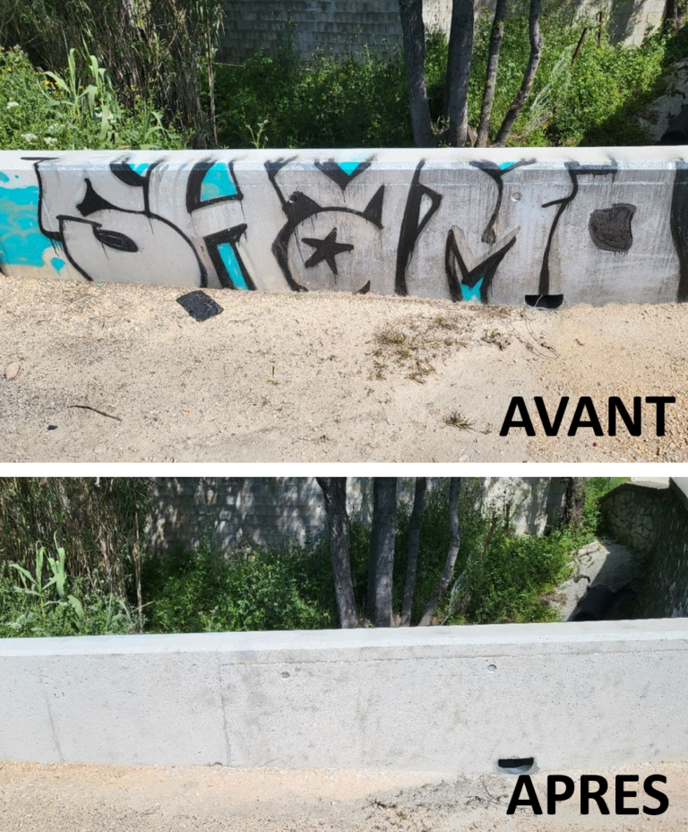 Nettoyage par aérogommage d'un muret en béton